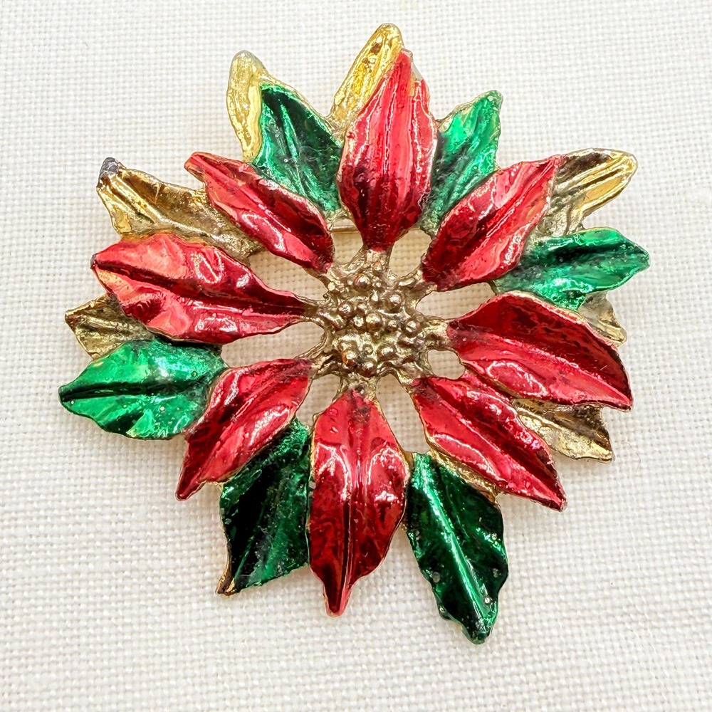 Vintage Metallic Enamel Gold Tone Christmas Poinsettia Pin Costume Brooch